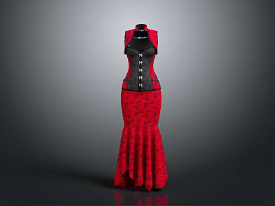 Elegant Red Mermaid Dress With Black Corset And Floral Pattern Design 3d model