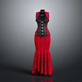Elegant Red Mermaid Dress With Black Corset And Floral Pattern Design