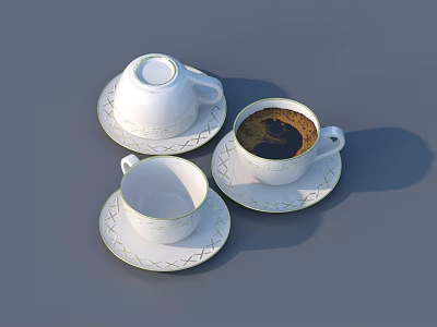 Elegant White Tableware Set with Coffee Cups Saucers and Gold Patterns 3d model