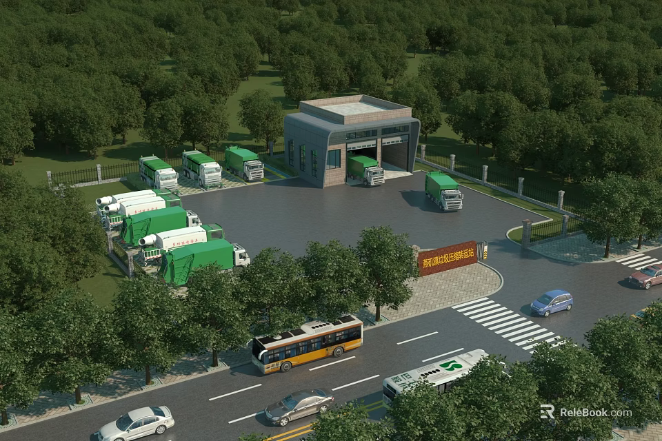 Sanitation Service Facility With Green Vehicles Parking Area And Trees Near Road With Bus Cars 3d model 
