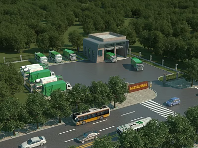 Sanitation Service Facility With Green Vehicles Parking Area And Trees Near Road With Bus Cars 3d model
