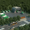 Sanitation Service Facility With Green Vehicles Parking Area And Trees Near Road With Bus Cars