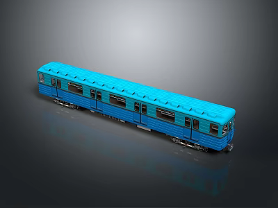 Blue Train Model Single Carriage With Windows And Doors On Dark Background With Reflection 3d model