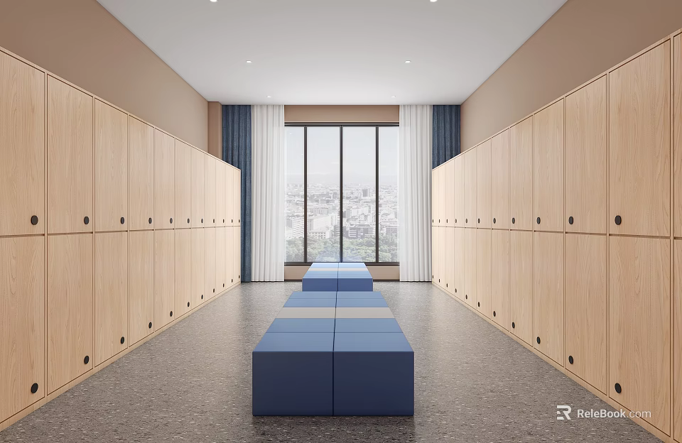 Modern Locker Room Interior With Wooden Lockers And Blue Benches 3d model 