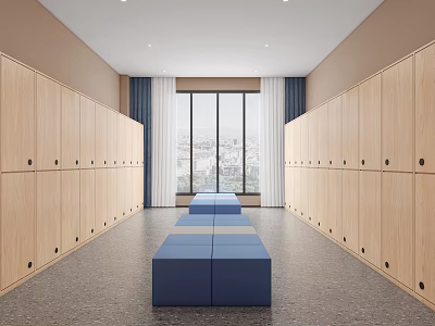 Modern Locker Room Interior With Wooden Lockers And Blue Benches 3d model