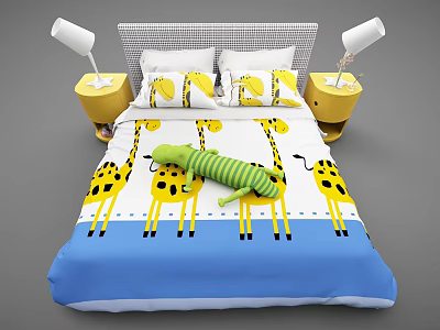 Giraffe Print Kids Bed With Green Striped Stuffed Toy Mesh Headboard Yellow Nightstands And White Lamps 3d model