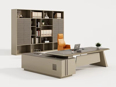 Modern Office Desk With Orange Chair Laptop And Small Plant Near Bookcase With Books 3d model