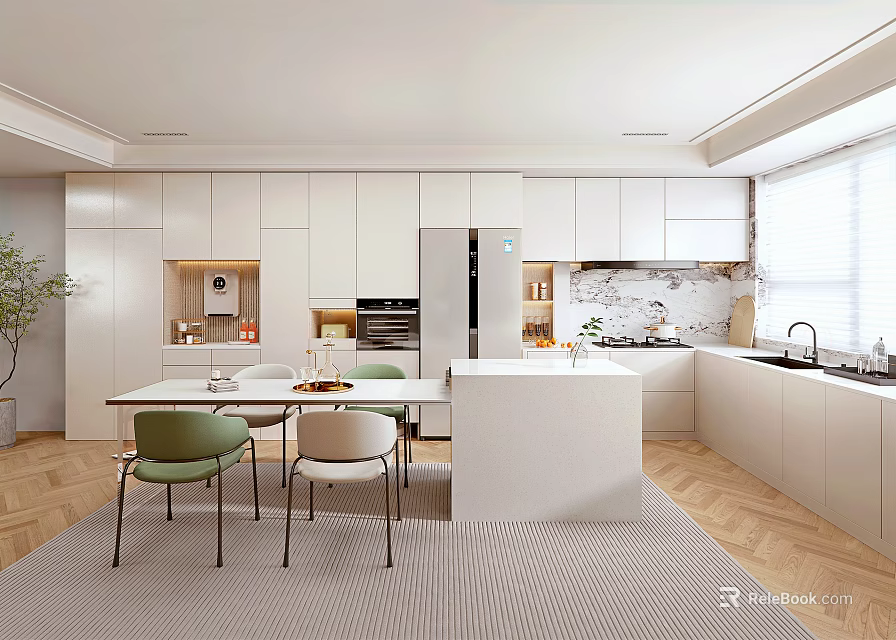 Modern Open Kitchen Interior With White Cabinets Island Dining Table And Chairs 3d model 