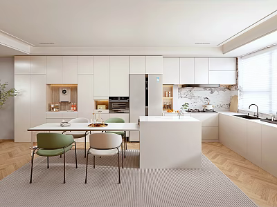 Modern Open Kitchen Interior With White Cabinets Island Dining Table And Chairs 3d model