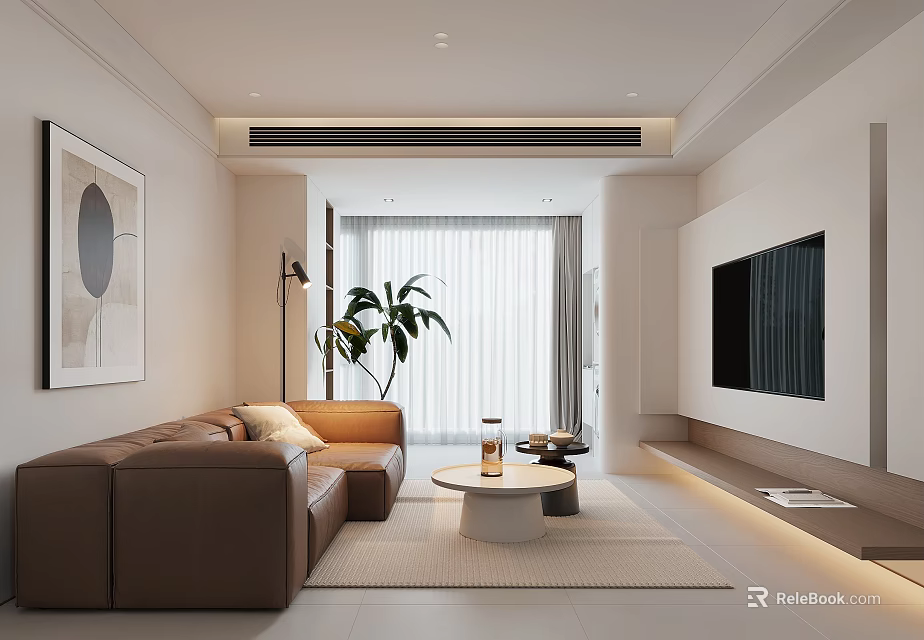 Modern Living Room Interior Design With Brown Sofa Coffee Table Potted Plant And Floor Lamp 3d model 