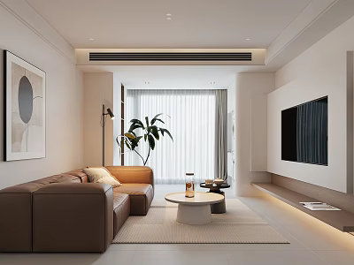 Modern Living Room Interior Design With Brown Sofa Coffee Table Potted Plant And Floor Lamp 3d model