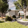 Scenic Park Landscape With Wooden Decks Trees Grass Stone Pathways And Flower Beds