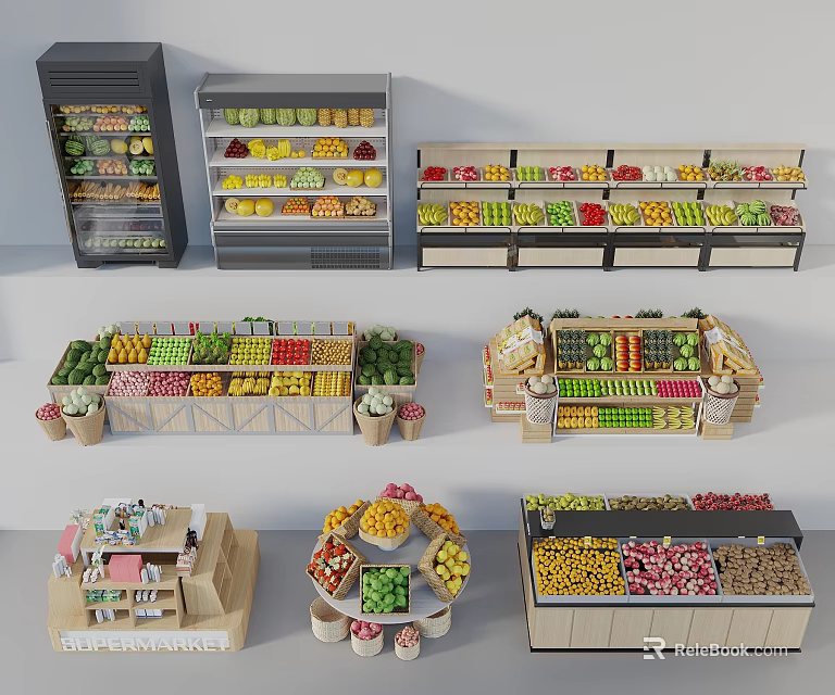 Different Types of Display Shelves for Fresh Fruits and Vegetables with Open Wooden Layered Structures 3d model 