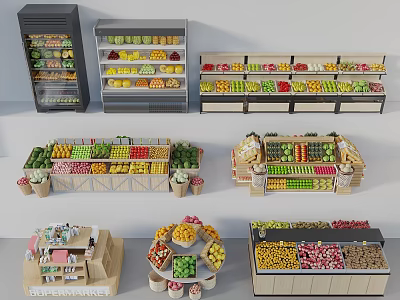 Different Types of Display Shelves for Fresh Fruits and Vegetables with Open Wooden Layered Structures 3d model