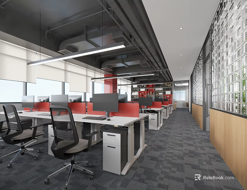 Modern Public Office Space With Open Workstations Computers Ergonomic Chairs And Large Windows 3d model 
