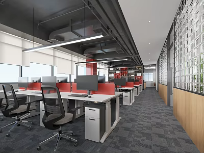Modern Public Office Space With Open Workstations Computers Ergonomic Chairs And Large Windows 3d model