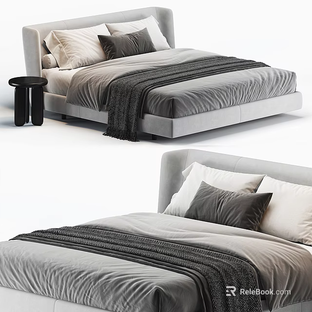Modern Upholstered Double Bed With Plush Pillows Knitted Blanket And Wooden Side Table 3d model 