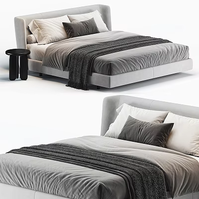 Modern Upholstered Double Bed With Plush Pillows Knitted Blanket And Wooden Side Table 3d model