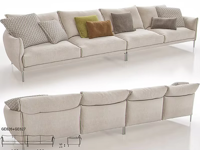 Modern Sectional Sofa With Neutral Beige Fabric Upholstery Multiple Colored Pillows And Metal Legs 3d model
