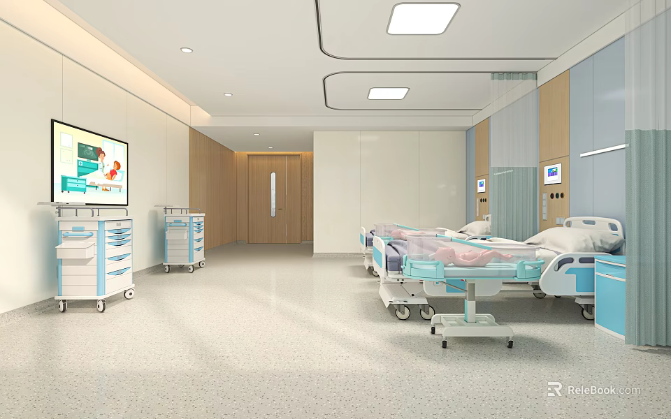 Modern Hospital Ward Interior Design With Beds Medical Equipment And Digital Screen 3d model 