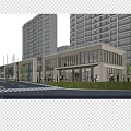Modern Commercial Street With High Rise Buildings Glass Facades And Pedestrian Lawn Areas
