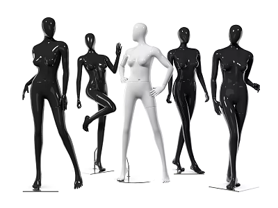 Black and white female mannequins in various standing poses for retail 3d model