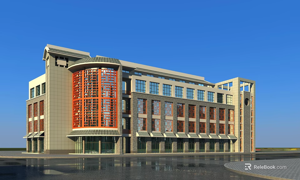 Modern Hotel Building Exterior Design With Large Windows And Geometric Structure 3d model 