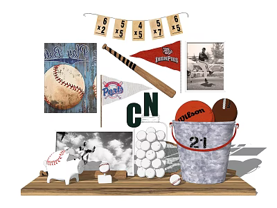 Vintage Baseball Themed Decorative Ornament Set With Flag Bucket And Wooden Tray 3d model