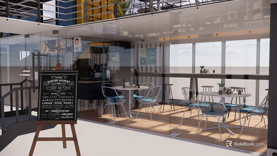 Outdoor Café Terrace Featuring Chalkboard Menu Glass Walls Wooden Flooring And Sea View 3d model 