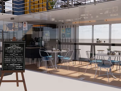 Outdoor Café Terrace Featuring Chalkboard Menu Glass Walls Wooden Flooring And Sea View 3d model