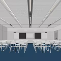 Modern School Classroom With Neat White Desks Chairs Blue Carpet Blackboards Whiteboard Strip Ceiling Lights