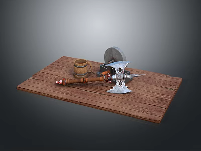 Medieval Weapon Axe With Wooden Handle And Metal Head On Wooden Tabletop 3d model