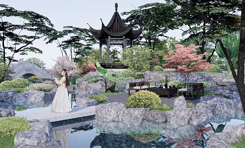 Chinese Courtyard Classical Garden Pavilion Landscape Bridge Leisure Flat 3d model