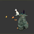 Whimsical 3D Floating Island Scene With White Cat Colorful Mushrooms And Small Fish