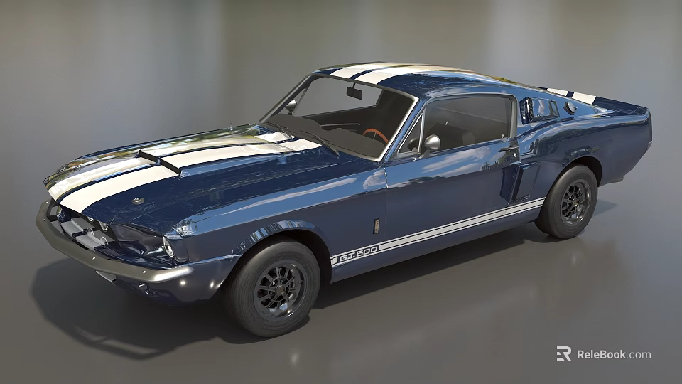 Classic Blue Two Door Sports Car With White Stripes GT350H And Black Wheels 3d model 