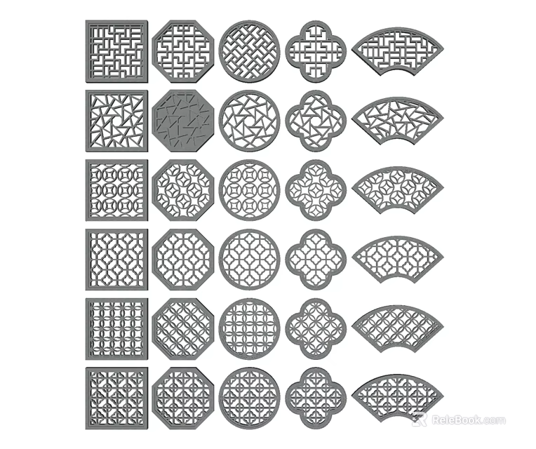 Traditional Lattice Windows Featuring Diverse Geometric And Classic Patterns For Decorative Architecture 3d model 