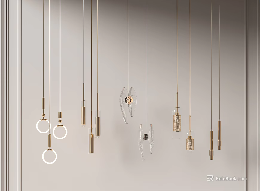 Modern Multiple Pendant Lights With Gold Metal And Glass Designs Hanging On White Background 3d model 