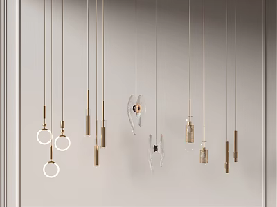 Modern Multiple Pendant Lights With Gold Metal And Glass Designs Hanging On White Background 3d model