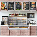 Restaurant Counter Area Featuring Menu Boards Beverage Displays Food Cases And Brick Walls