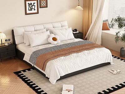 Modern Double Bed With White Headboard White Pillows Striped Brown Blanket And Nightstands 3d model