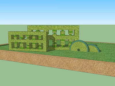 Green Feature Wall With Geometric Shapes Rectangular Openings And Curved Structure On Grass Ground 3d model