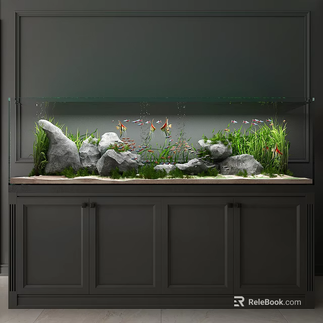 Elegant Aquarium Fish Tank With Green Aquatic Plants Stones And Colorful Fish On Gray Cabinet 3d model 