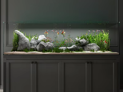 Elegant Aquarium Fish Tank With Green Aquatic Plants Stones And Colorful Fish On Gray Cabinet 3d model