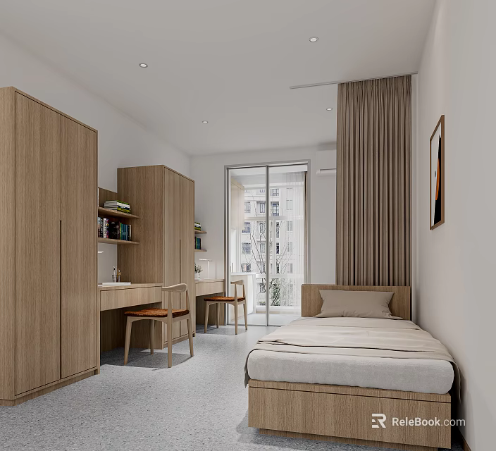 Modern Minimalist Bedroom Study Interior With Wooden Wardrobes Desk Chairs Bed And Curtains 3d model 