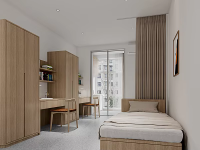 Modern Minimalist Bedroom Study Interior With Wooden Wardrobes Desk Chairs Bed And Curtains 3d model
