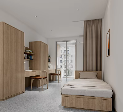 Modern Minimalist Bedroom Study Interior With Wooden Wardrobes Desk Chairs Bed And Curtains 3d model