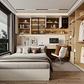 Modern Tatami Bedroom Interior With Bed Desk Computer Chair Open Storage Shelves And Natural Light