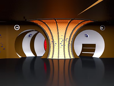 Modern Interior Design With Curved Structure Circular Openings Illuminated Panels And Reflective Floor 3d model