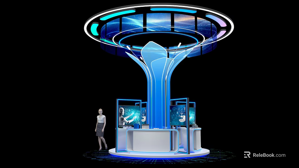 Futuristic Blue Exhibition Island With Circular Top Display Screens And Platform 3d model 