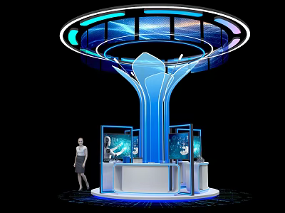 Futuristic Blue Exhibition Island With Circular Top Display Screens And Platform 3d model